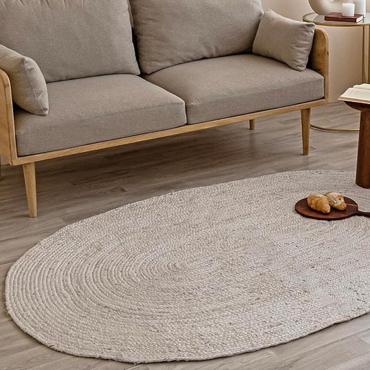 HOMEMONDE Oval Jute Area Rug - 5x8 ft - Off White Hand Woven Natural Fiber - Farmhouse Rustic Rugs for Living Room, Bedroom, Dining Room, Hallway, Office