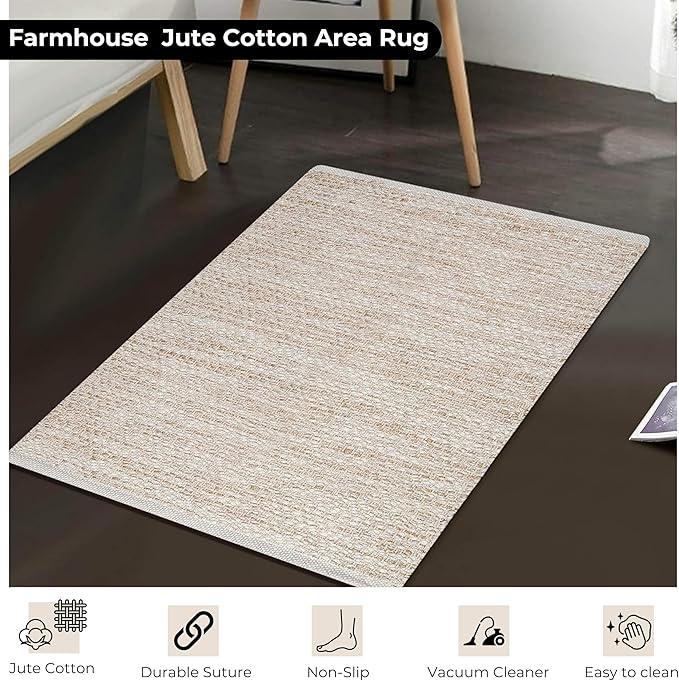 Area Rug 24x36 Inch, Natural Polyester Cotton, Machine Washable, Durable Soft Textured Indoor Accent Rug for Living Room Bedroom Entryway, 80% Polyester 20% Cotton Bedding Craft