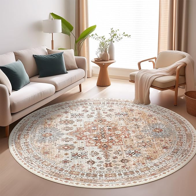 zesthome 9ft Round Rugs for Living Room, Non-Slip Washable Round Area Rugs, Ultra-Thin Large Circle Rugs, Soft Low Pile Rug for Bedroom, Kitchen - Vintage Stain Resistant Round Rug (Orange,9'x9')