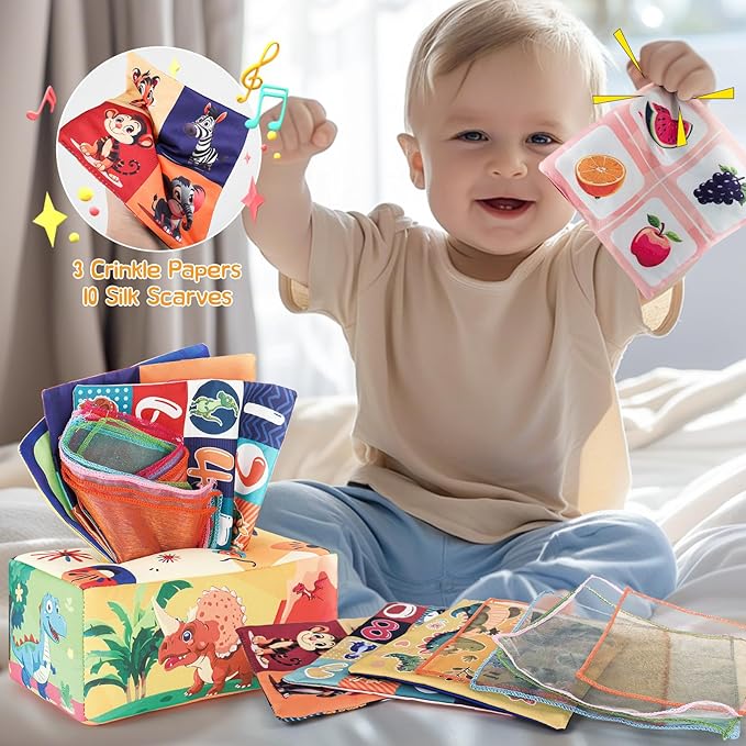 5 Pcs Baby Montessori Toys for 6 12 18 Months, Gift for 1 Year Old Boy Girl, Baby Tissue Box, Dino Matching Egg, Pull String Toy, Teething Toy, Stacking Cup