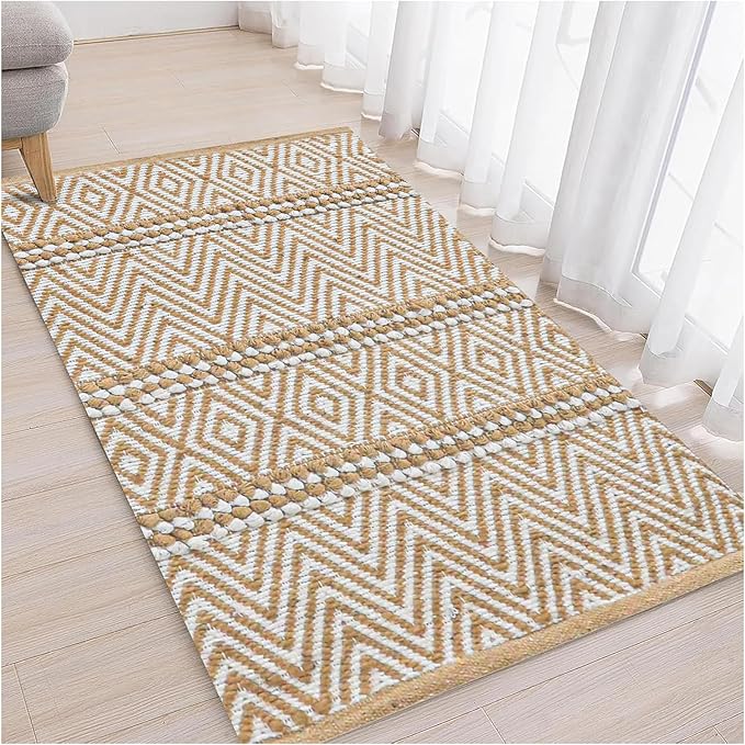 Jute Cotton Stripe Area Rug for Living Room 24x36 Inch - Natural Ivory - Machine Washable 2x3 Feet Rugs - 70% Jute and 30% Cotton
