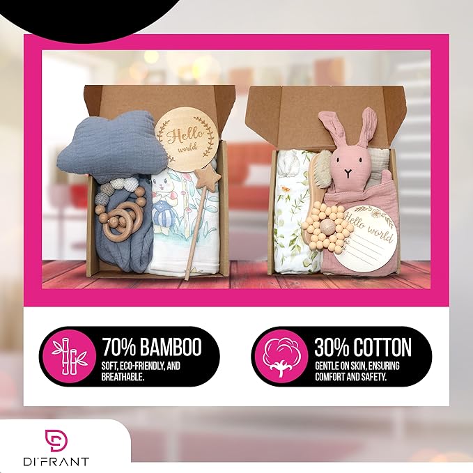 DI'FRANT Newborn Baby Gift Box | Educational Teething Toy & Soothing Crochet Rattle Set | 70% Bamboo & 30% Cotton | Perfect Baby Full Moon Gift in Eco-Friendly Kraft Box (Pink Rabbit)