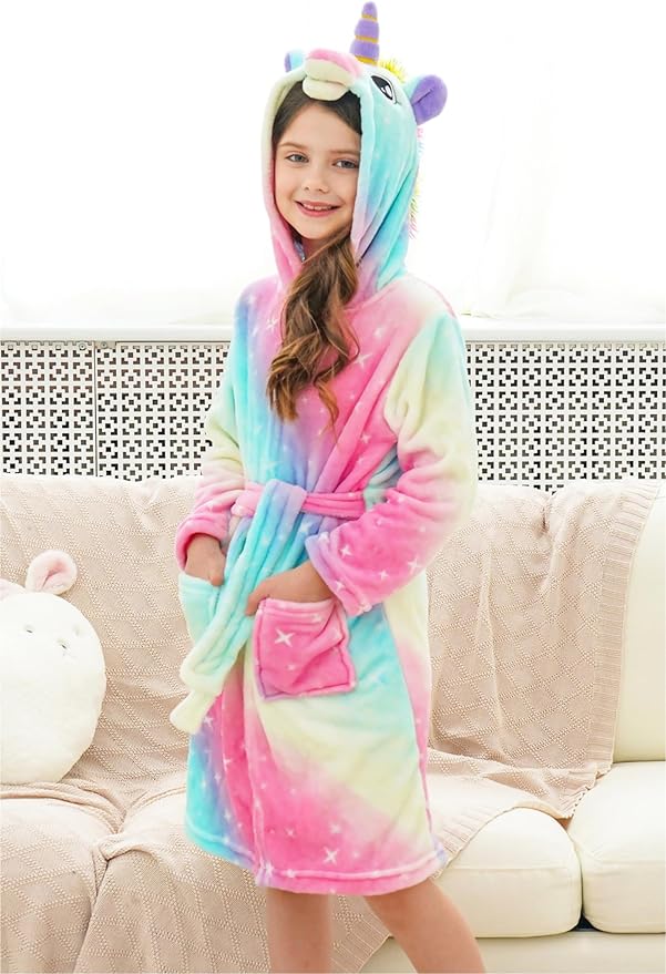 Doctor Unicorn Girls Fleece Hooded Robe Toddler Warm Fuzzy Bathrobe