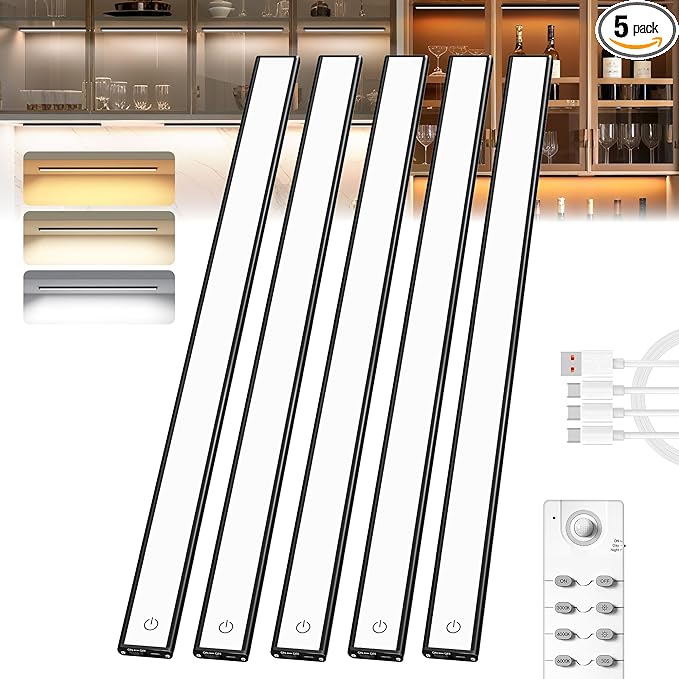 Under Cabinet Lighting,204 LED Wireless Motion Sensor Light Indoor, Rechargeable Closet Lights Battery Operated,Dimmable & 3 Color Temps,Magnetic Under Counter Lights for Kitchen, Closet (60CM,5Pack)