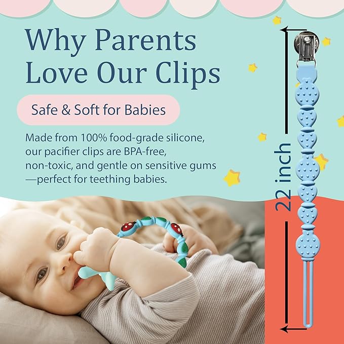 Silicone Pacifier Clips for Boys & Girls – Personalized Pacifier Holder;Neutral & Cute Pacifier Clips for Babies;Teething, Soothies – BPA-Free, Durable & Soft (Blue)