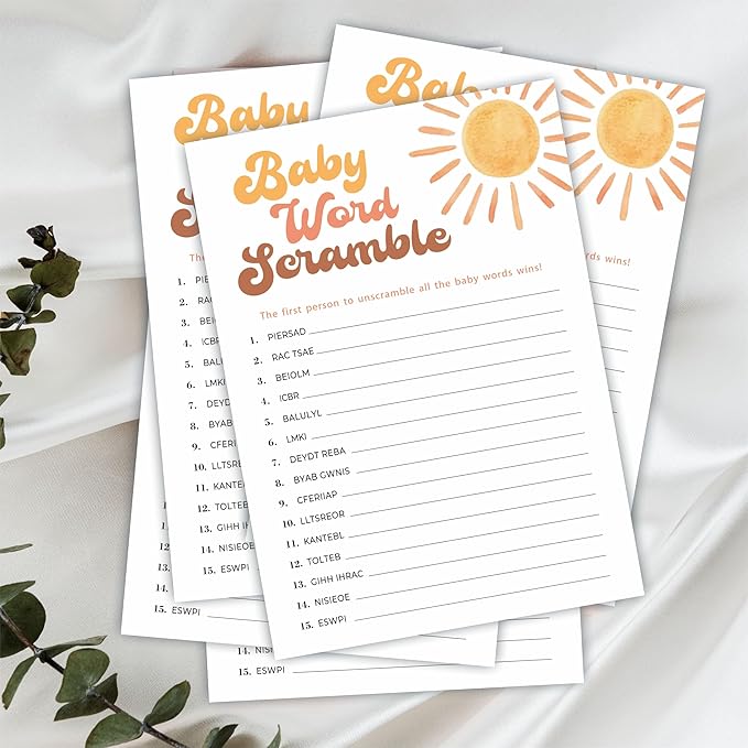 Baby Word Scramble Game Kits For Baby Shower - 30 Double-Sided Fill In Watercolor Sunshine Style Game Cards 1 Answer Card For Gender Reveal, Baby Announcement, Party Favor & Supplies - C09