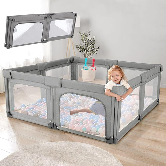 Cholena 79"x59" Foldable Baby Playpen with Bottom – Play Yard for Contained Play Space, Indoor Safety Fence with Zipper Door(Cationic Light Grey)