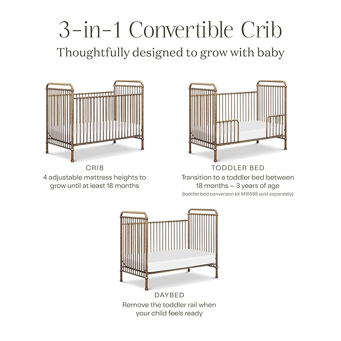 NAMESAKE Abigail 3-in-1 Convertible Baby Crib (Gold) - GREENGUARD Gold Certified - Convertible Crib to Toddler Bed and Daybed - Baby Bed w/ 4 Adjustable Heights - Vintage Baby Crib Convertible