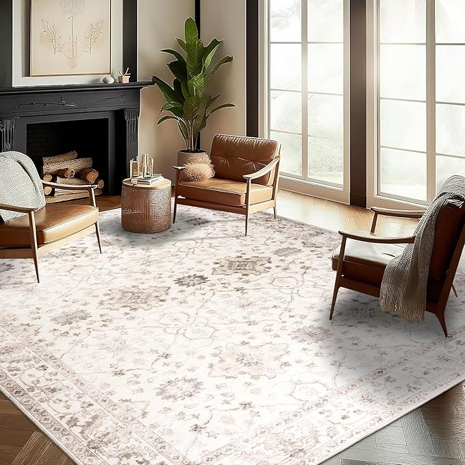 ReaLife Rugs Machine Washable Area Rug - Living Room Bedroom Bathroom Kitchen Entryway Office - Padded Low Pile Stain Resistant Premium - Boho Farmhouse Vintage - BEV - Beige 4' x 6'