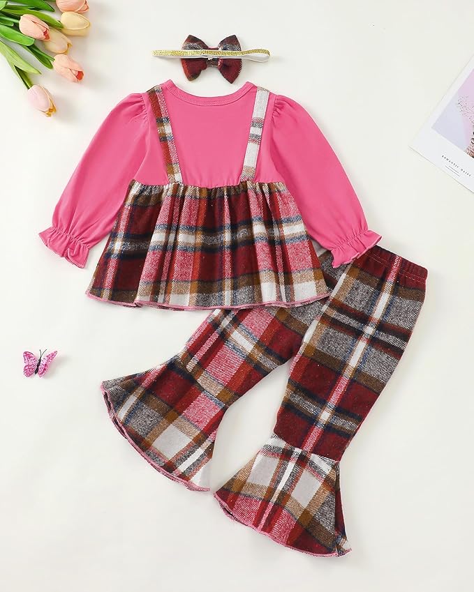 Kucnuzki Toddler Baby Girl Clothes Outfit Long Sleeve Plaid T Shirt Top Flare Leggings Pants 2 Piece Outfit Kids Clothes