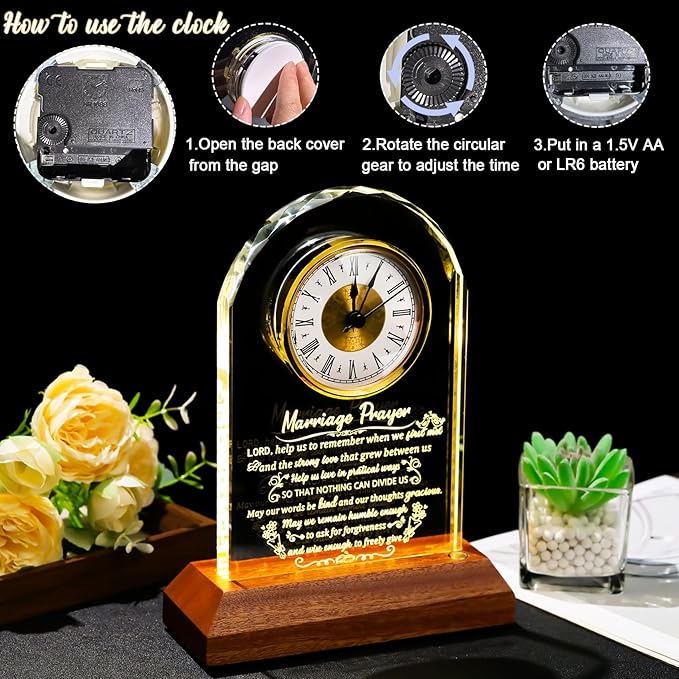 Glass Clock Wedding Gifts for Couples 2025 with Wooden Light Base, Happy Anniversary Marriage Prayer Gift with Inspiring Quotes, Unique Newlywed Mr and Mrs Gifts, Engagement Presents for Home