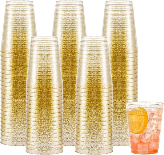 supernal 200pcs Gold Glitter Plastic Cups,10oz Disposable Plastic Cups,Disposable Glasses Tumblers,Drinking Tumblers for Party,Wedding,Birthday.