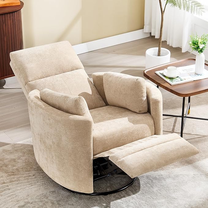 Swivel Rocker Recliner Chair,Manual Nursery Swivel Rocking Recliner,Upholstered Adult Rocking Glider Chair with 2 Pillows for Living Room Bedroom (Khaki, Manual Operation)