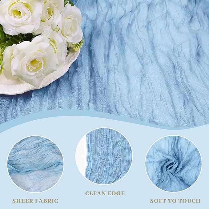 Le courant 12pcs 10Ft Cheesecloth Table Runner, Rustic Boho Gauze Cheese Cloth Runner Table Runner for Weddings Bridal Baby Shower Birthday Holiday Parties Home Decor, Baby Blue