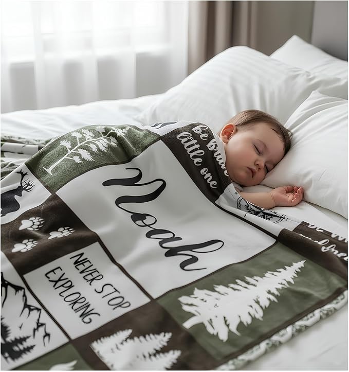 Personalized Baby Blankets with Name, Customized Name Blankets for Kids, Woodland Blanket Personalized, Custom Blanket for Boys, Girl, Baby Boy Newborn Soft