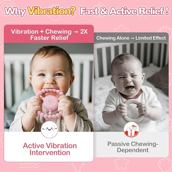 Vibrating Teething Toy with 3D Multi-Texture, Food-Grade Silicone Sensory Chew Toy for Autism Kids and Baby 3-18 Months, Baby Teething Ring for Teething Relief, Light Pink