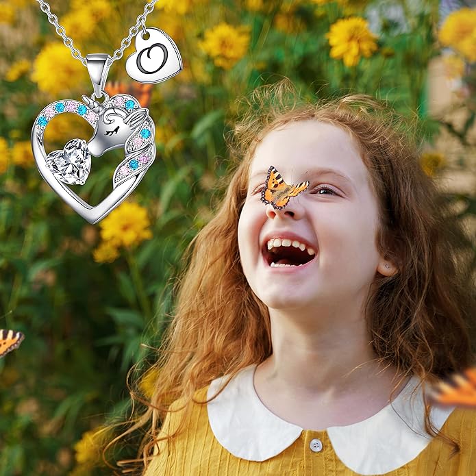 Unicorn Necklace Gifts for Girls Kids - Colorful CZ Heart Initial Necklaces Unicorn Necklace for Girls Jewelry Birthday Gifts for Little Girl Kids