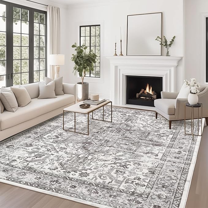 zesthome 6x9 Area Rug, Super Soft Washable Rugs for Living Room, Non-Slip Stain Resistant Vintage Rugs, Ultra-Thin Large Area Rugs (Grey/White,6'x9')