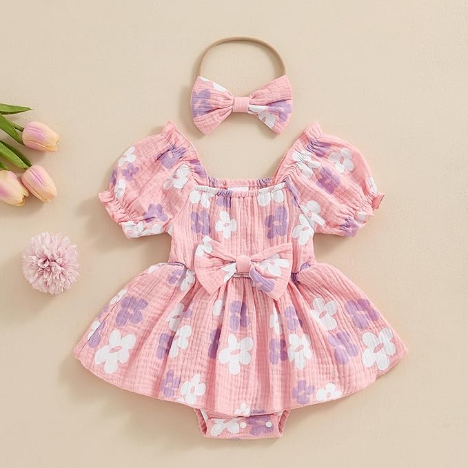 Baby Girls Floral Cotton Leotard Romper Newborn Daisy Playsuits Ruffled Sleeve Onesie Infant Jumpsuit Clothes Headband