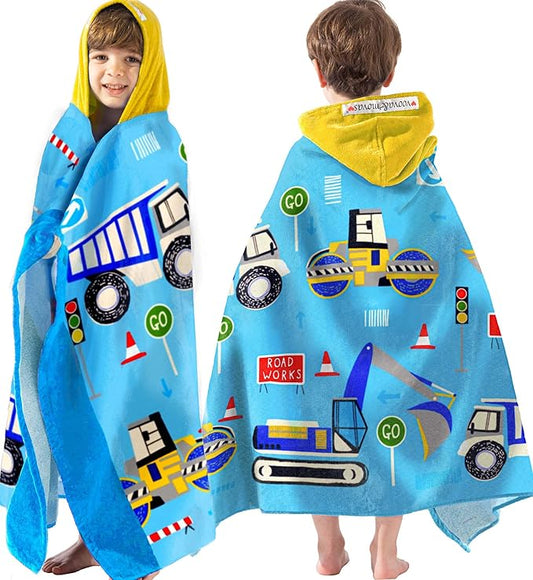VOOVA & MOVAS Kids Towels Age 3-10, 30''X50, Soft | Thick | 100% Cotton, Large Absorbent Beach, Bath, Pool, Swim Towels | Cover up for Boys | Excavator Vehicle