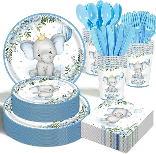 Elephant Baby Boy Shower Party Supplies - 350pcs Blue Elephant Party Decorations Paper Plates Napkins Cups and Utensils Tableware Sets Blue Floral Theme Birthday Party Tableware Set
