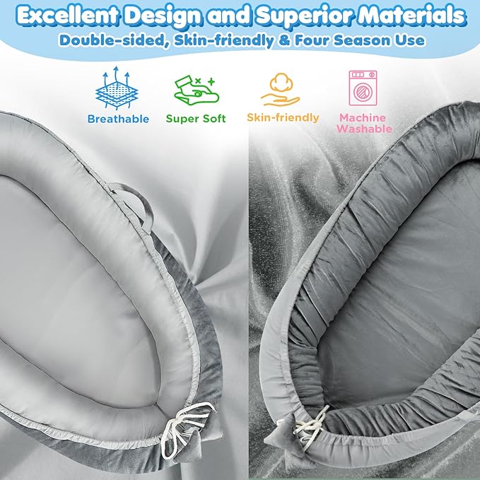 Baby Lounger - Baby Lounger for Newborn 0-24 Months, Breathable & Soft Cotton and Velvet Cover Baby Nest, Portable Cozy Infant Lounger for Home and Travel, Ideal Baby Essentials & Shower Gifts