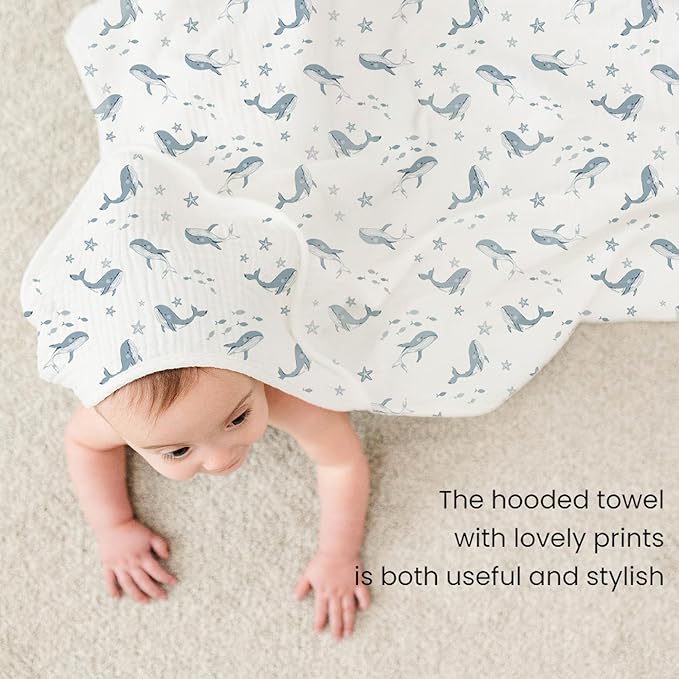 Konssy 2-Pack Muslin Hooded Baby Towels, 100% Cotton, Ultra-Soft & Absorbent Baby Bath Towels with Hood for Newborn & Infant (Blue, Blue Whale, 30'' x 30'')