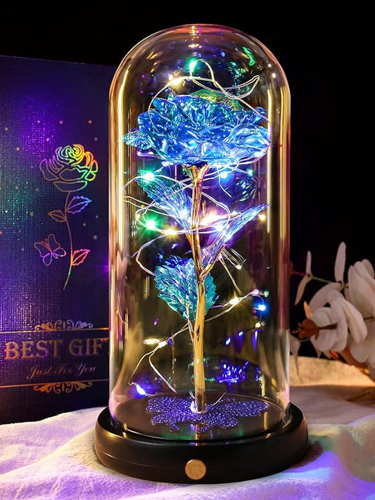 DEEMEI Birthday Gift for Women Blue Rose Eternal Flower USB Light Up Rose in Glass Dome Anniversary Flowers for Delivery Prime Mothers Day Presents Flowers Gifts for Her Grandma Girlfriend Wife