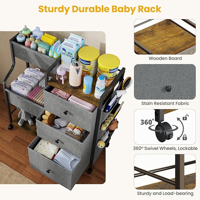 Baby Diaper Caddy, 3 Tier Baby Organizer and Storage Cart with Dividers and Drawers, Mobile Utility Rolling Cart, Newborn Baby Essentials Storage Cart with Wheels for Nursery, Bedroom, Grey