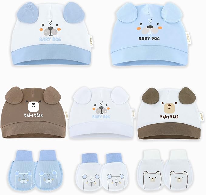DOKMA Organic Cotton Baby Mittens and Caps Set with Adorable Bear Design for Newborn 0-6 Months, No Scratch, Ultra Soft - 5 Caps x 3 Mittens, Cute Blue