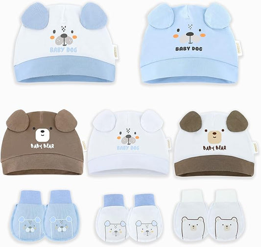 DOKMA Organic Cotton Baby Mittens and Caps Set with Adorable Bear Design for Newborn 0-6 Months, No Scratch, Ultra Soft - 5 Caps x 3 Mittens, Cute Blue