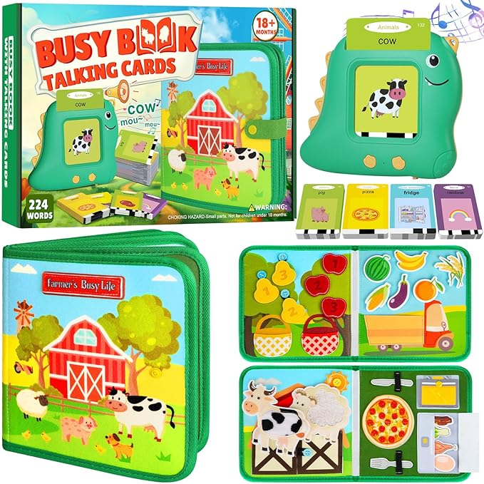 Quanquer Farm Busy Book With Talking Flash Cards for Toddlers 1-3 - Montessori Busy Board for Boy Girl Birthday Gift - Learning Educational Toys with 224 Sight Words - Airplane Car Toddler Travel Toys