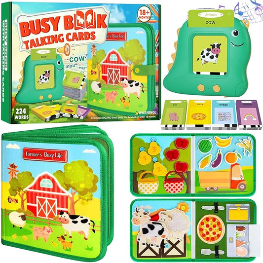 Quanquer Farm Busy Book With Talking Flash Cards for Toddlers 1-3 - Montessori Busy Board for Boy Girl Birthday Gift - Learning Educational Toys with 224 Sight Words - Airplane Car Toddler Travel Toys