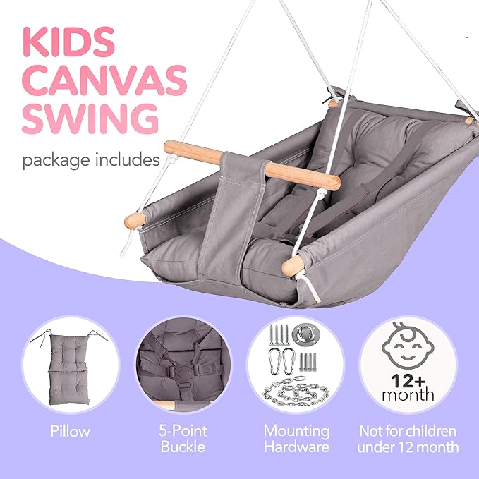 CaTeam Canvas Toddler Swing – Indoor/Outdoor Hanging Chair for Patio & Playroom with Safety Belt – Wooden Baby Seat for Ages 12+ Months – Dark Gray