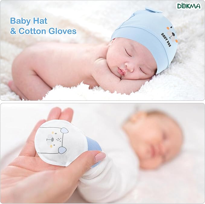DOKMA Organic Cotton Baby Mittens and Caps Set with Adorable Bear Design for Newborn 0-6 Months, No Scratch, Ultra Soft - 5 Caps x 3 Mittens, Cute Blue