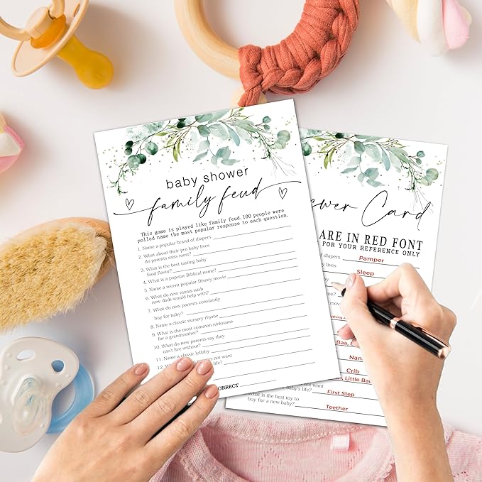 Greenery Baby Shower Game Cards - Set of 30 Family Feud - Double Sided Print Baby Announcement Gender Reveal Game Card for Parents to Be - Baby Shower Party Activities Supplies - A06
