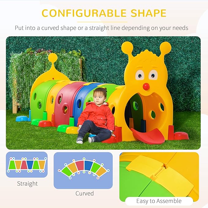 Qaba Caterpillar Tunnel, Toddler Tunnel for Kids Crawl and Climb Through, Kids' Play Structure Indoor Outdoor, 6 Sections, Multicolored