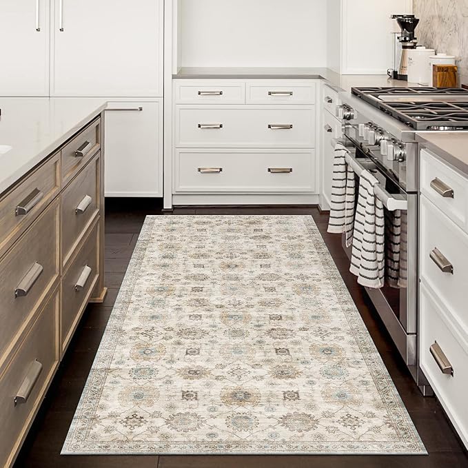 ReaLife Rugs Machine Washable Area Rug Runner - Living Room Bedroom Bathroom Kitchen Entryway Office - Padded Low Pile Stain Resistant Premium - Boho Farmhouse Vintage - Bryn - Beige Seafoam 2'6"x8'