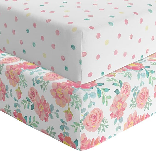 Featherhead™ 2-Pack Fitted Crib Sheets - 100% Cotton - 52" x 28" x 9" for Standard Crib and Toddler Mattress (Percale Garden Floral)