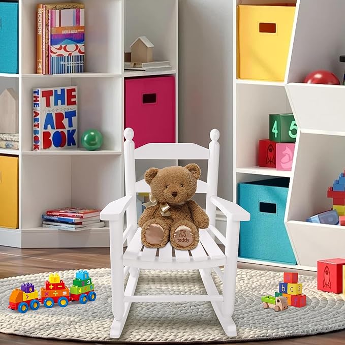 Toddler Rocking Chair Set of 2 Wooden Comfy Recliner Rocker for Kids Ages 3-6 Baby Lounge Chair Indoor Outdoor Girls Children’s Playroom White