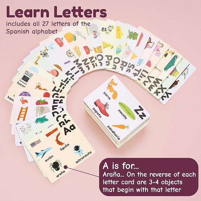Spanish Flash Cards for Kids and Toddlers - 101 Cards - 202 Sides - Learn Shapes, Numbers, Colors, Body Parts, Counting, Letters & More - Great Value, Fun Learning and Educational Flashcards
