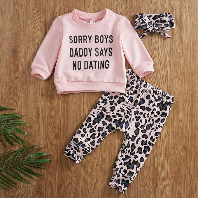 Madjtlqy Newborn Baby Girls Clothes Daddy Saying Top Printed T-Shirt Leopard Pants+Headband Sweatshirt Outfit Set