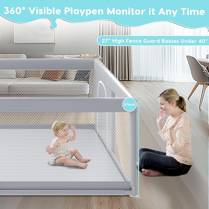 79" ×79" Extra Large Baby Playpen, Baby Playard for Babies and Toddlers, BabyFence Play Pens for Indoor & Outdoor, Sturdy Safety Play Yard with Soft Breathable Mesh, Anti-Fall, Grey