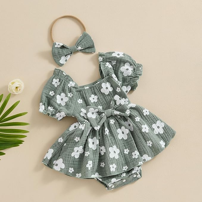 Baby Girls Floral Cotton Leotard Romper Newborn Daisy Playsuits Ruffled Sleeve Onesie Infant Jumpsuit Clothes Headband