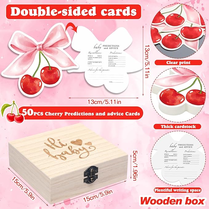 50 Pcs Cherry on Top Baby Shower Decorations Double Side Baby Predictions & Advice Cards for New Parents Cherry Shower Games with Cards Wooden Keepsake Box for Wishes Decorations