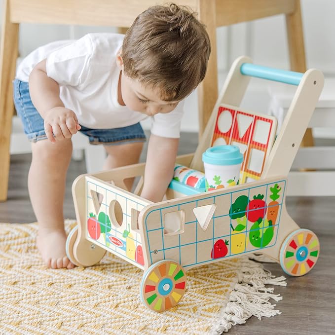 Melissa & Doug Wooden Shape Sorting Grocery Cart Push Toy and Puzzles - Pretend Play Grocery Toys, Sorting and Stacking Toys for Infants and Toddlers Ages 1+ - FSC-Certified Materials