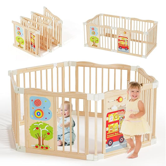 Foldable Wooden Playpen - Adjustable Wood Baby Play Yard with Child-Proof Lock, Indoor Large Safety Fence for Babies and Toddlers - Easy Assembly, 6 Panels with Sensory Toys