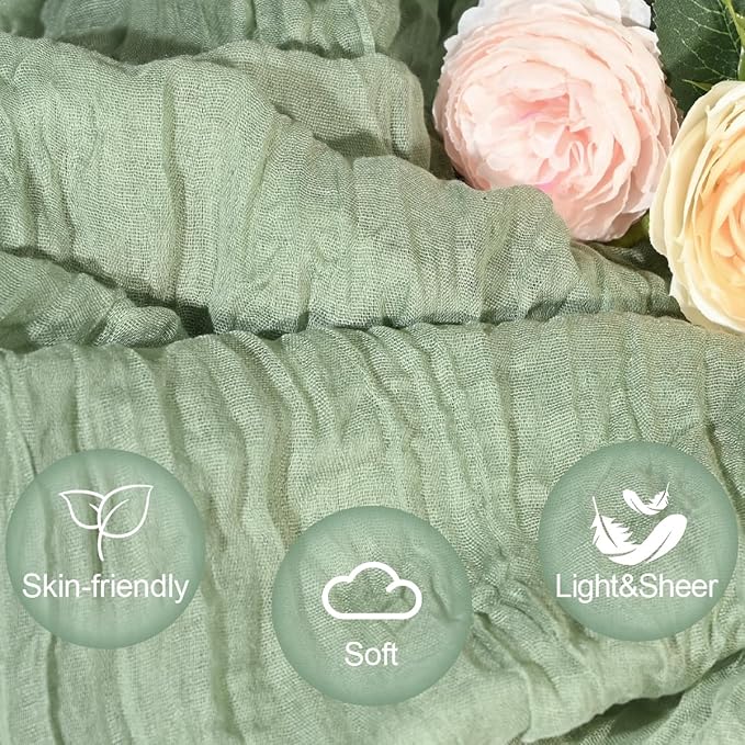 12 Pack Sage Green Cheesecloth Table Runners 35x120 Inch, Wide Boho Gauze Table Runner for Wedding Baby Shower Birthday Party Decor, Semi-Shear Rustic Tablecloth