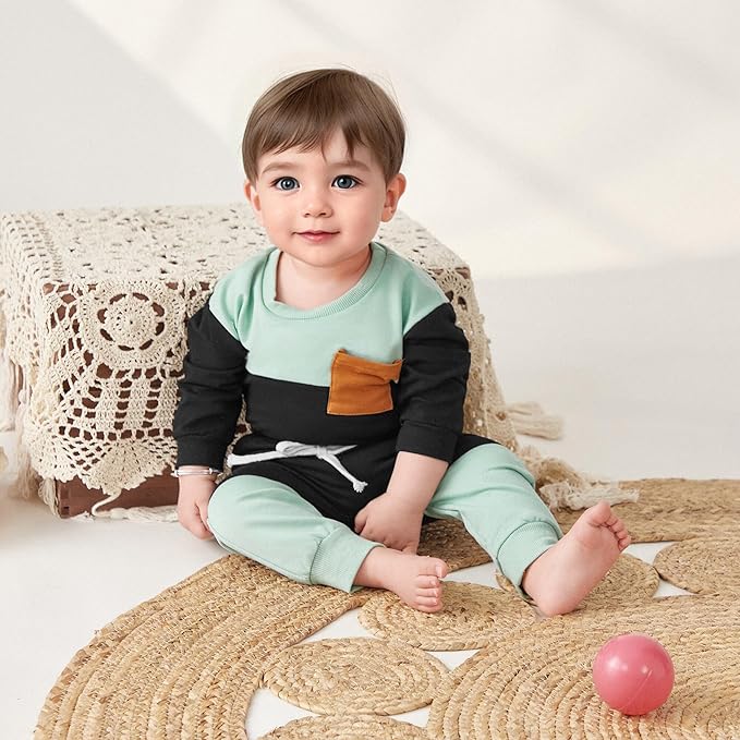 Kupretty Toddler Baby Boy Fall Winter Clothes Color Block Long Sleeve Sweatshirt Pullover Tops + Joggers Pants Outfit Set