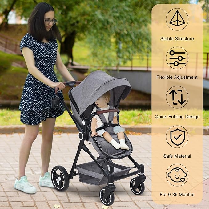 2 in 1 Baby Stroller for Toddler 0-3, Bassinet Stroller for Toddler with Large Storage Basket, Shock Absorbing，Stroller for Newborn with Removable Seat, Cup Holder，Stroller That Converts to Bassinet